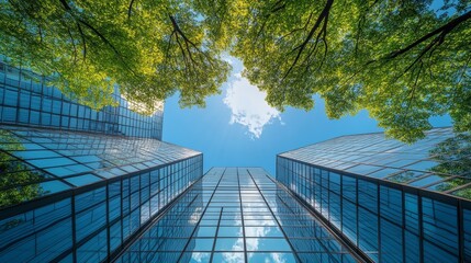 Looking up from the ground, tall modern glass skyscrapers frame a clear blue sky with lush green trees in the foreground, symbolizing the harmony between urban architecture and environmental nature.