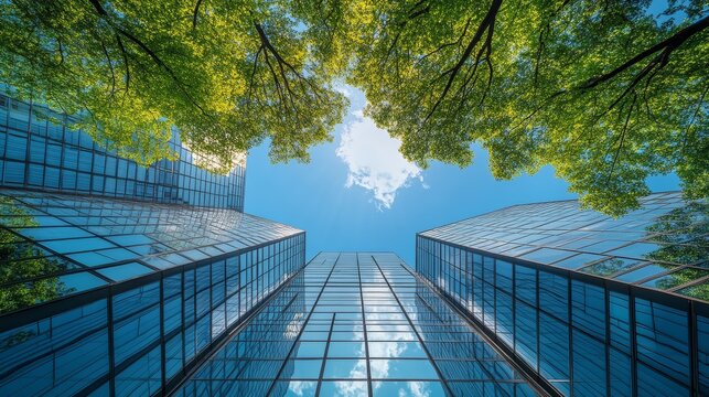 Looking up from the ground, tall modern glass skyscrapers frame a clear blue sky with lush green trees in the foreground, symbolizing the harmony between urban architecture and environmental nature.