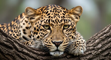 Obraz premium Leopard Lying on Tree Branch in Natural Habitat with Focused Gaze