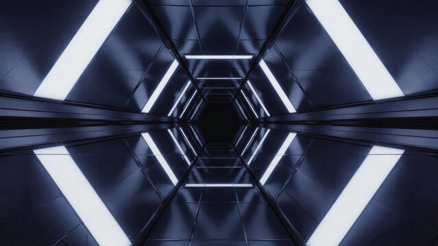 Symmetrical futuristic tunnel with bright white neon hexagonal frames stretching into darkness, forming a sci-fi corridor, concepts of technology, space travel, cyberpunk style, virtual reality worlds