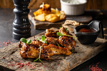 Grilled chicken wings with sauce and garnish on wooden board
