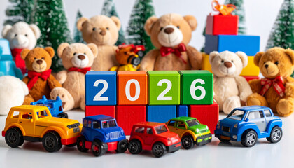 Obraz premium Playful 2026 New Years Scene with Teddy Bears Toy Cars and Festive Decorations.