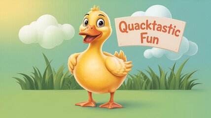 Cheerful Cartoon Duck with "Quacktastic Fun" Sign