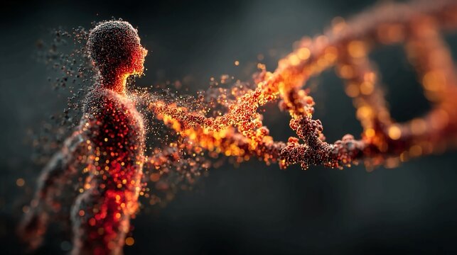 Dynamic human form dissolving into vibrant DNA helix, symbolizing life's intricate blueprint and transformation - Powered by Adobe