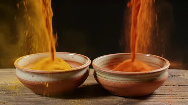 Spice falling into bowls on a wooden surface against dark background