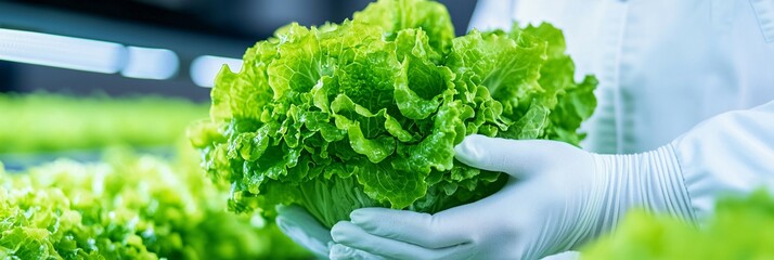  farmer inspecting lettuce growing under bright Vertical Farming LED Hydroponics row lights with glowing reflections on leaves.