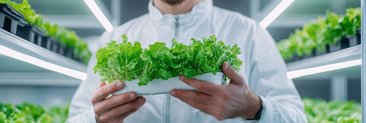  farmer inspecting lettuce growing under bright Vertical Farming LED Hydroponics row lights with glowing reflections on leaves.