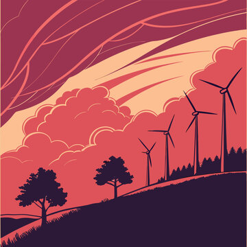 Wind turbines on a rolling hill with stylized clouds