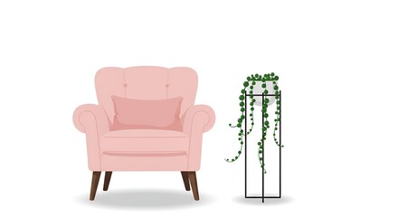 Fototapeta premium Stylized pink armchair with matching pillow and a string of pearls plant in a clean, modern design.
