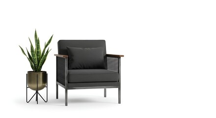 Fototapeta premium An AI generated image shows modern dark gray chair with potted plant on white background for design