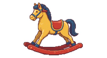 Charming pixel art illustration of a vintage rocking horse toy, evokes nostalgia and childhood joy.