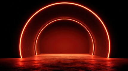 A dark tunnel illuminated by a deep red light glowing at the far end, creating a moody, mysterious atmosphere with concrete walls and a shadowed pathway.