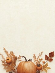 autumn harvest background with pumpkin, golden leaves, and dried leaves for thanksgiving greeting card or seasonal celebration design