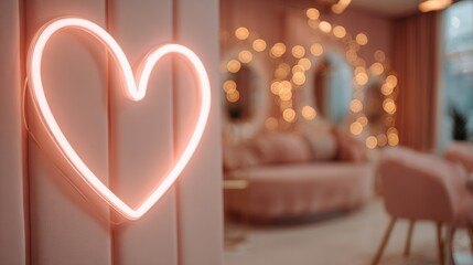 Heart-shaped neon sign glowing pink on a dark wall in a modern room, creating vibrant mood lighting for interior decor or romantic-themed visuals.