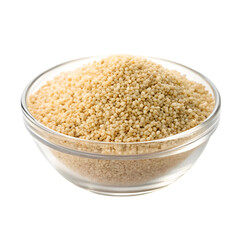 Small couscous grains piled high in a clear glass bowl on a white background pasta food