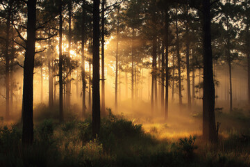Misty forest with sunlight streaming through trees at sunrise
