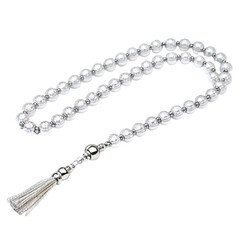 Crystal Prayer Beads with Silver Tassel and Ball on Black Background rosary tasbih