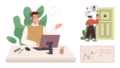 Customer service agent assisting client remotely, woman using smart access system, growth chart. Ideal for customer communication, tech support, productivity, security, technology, teamwork simple