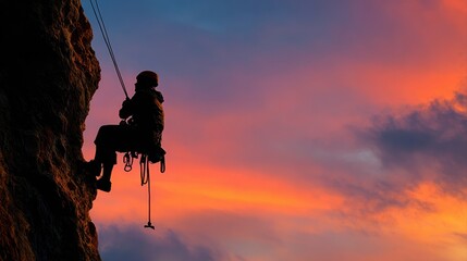 Muscular climber man in protective helmet abseiling from cliff rock wall using rope Belay device and climbing harness on evening sunset sky background. Active extreme sports time spending concept.