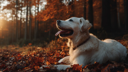 Golden retriever dog lying in autumn leaf pile forest