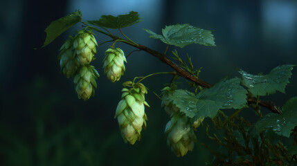 Fresh green hop cone hanging from leafy branch closeup