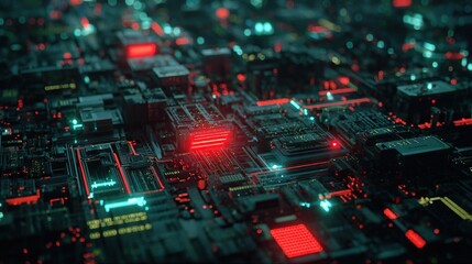 Fototapeta premium Futuristic circuit board with vibrant red and teal lights. Complex network of interconnected components