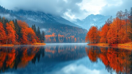 Autumn Lake Scenery: Colorful Forests Reflected in Tranquil Water, Mountain Mist Enhancing Fall Atmosphere, Perfect for Landscape Decoration, Seasonal Theme Design, Nature Scene Material