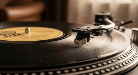 Close up of a vinyl record player turntable