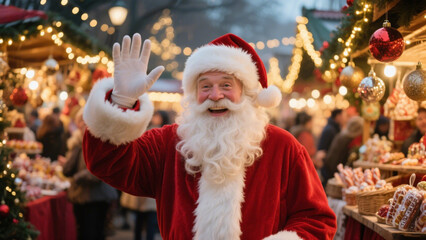 A scene featuring a festive Santa Claus waving joyfully at a bustling Christmas market adorned with twinkling holiday lights and vibrant decorations. Christmas, Christmas Tree, Merry Christmas