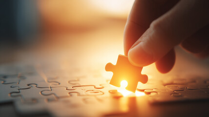 Hand placing the final puzzle piece into a board representing solution and completion, symbolizing execution achievement and successful delivery.
