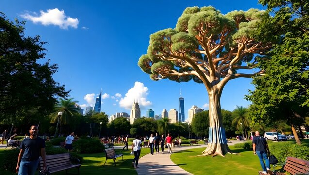 A vibrant summer day in chicagos millennium park, showcasing the iconic crown fountain and the city skyline under a clear blue sky, with people enjoying the scenery