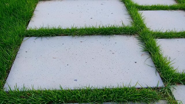 Modern garden path with square stone tiles and vibrant green grass in between landscape design