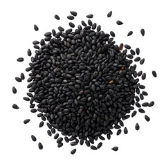 Dense pile of black sesame seeds on a black background heap
