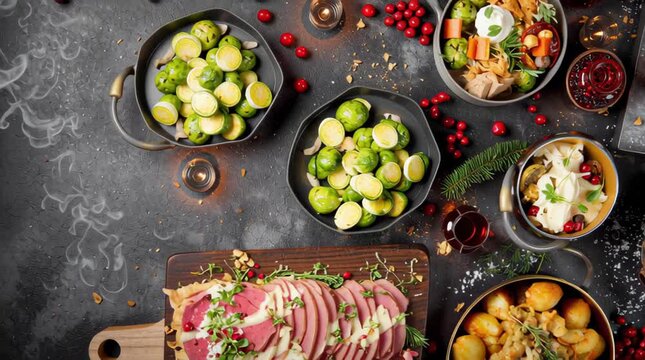 Colorful holiday spread showcases various dishes, garnished beautifully, with festive elements enhancing the scene ambiance
