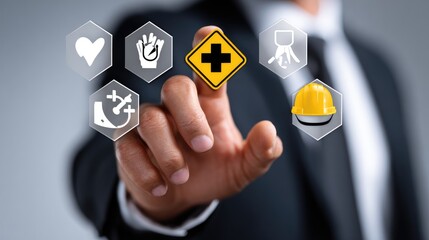 A businessman interacting with digital interface icons representing safety, health, and construction management. Emphasizes modern technology or corporate training environments.
