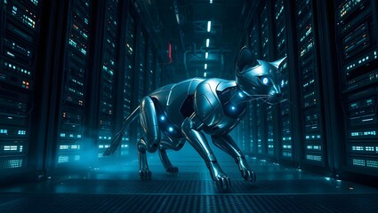 A chrome cat stealthily navigates a dimly lit server room, its metallic body reflecting the cool blue light emanating from the towering data racks