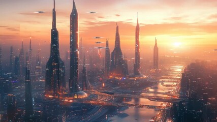 Impressive futuristic city skyline with tall skyscrapers, flying vehicles and glowing sunset horizon, innovation, science fiction, progress, technology, urban development and modern digital lifestyle. - Powered by Adobe
