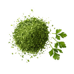 Dried parsley flakes with fresh parsley sprigs on a black background herb seasoning