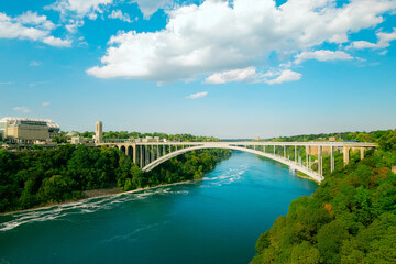 Niagara Falls State Park in New York and the rainbow Bridge. 