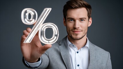 A confident young man in a grey suit smiles while holding a glowing percentage symbol, symbolizing finance and investment opportunities in the modern business landscape.