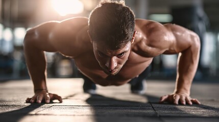 A dedicated athlete performs push-ups in a gym, showcasing strength and determination. The strong lighting highlights muscular physique and focus on fitness.