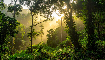 Obraz premium The dense green trees in the tropical forest and there is a little sunlight