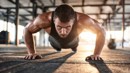 Fototapeta premium A determined man performs push-ups in a modern gym during sunset, showcasing his strength and dedication to fitness. The warm lighting highlights his effort and focus.