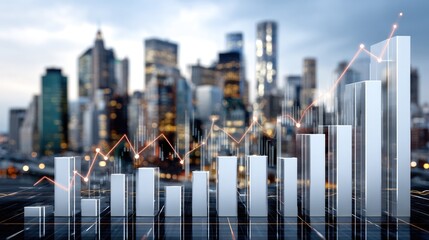 A dynamic financial graph overlaying a modern city skyline, illustrating growth and investment trends, ideal for business presentations and economic analyses.