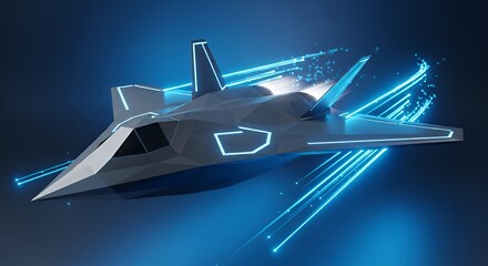 Futuristic Silver Jet Fighter Plane with Blue Neon Lights in Motion