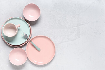 Beautiful table setting on grey background