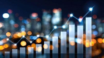A dynamic financial growth chart overlaying a vibrant city skyline at night. The interplay of lights and bars signifies progress and success in modern business.