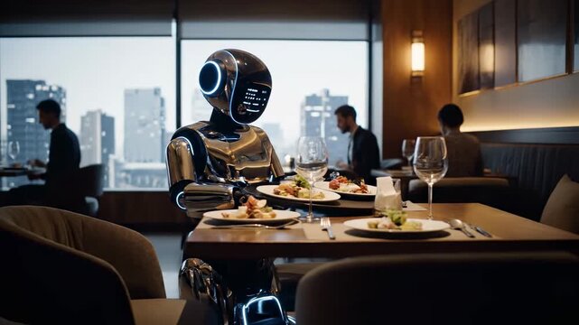 Robot waiter delivering food table restaurant cinematic UHD handheld small business AI stock video. robotic server bringing meal eatery filmic ultra high definition portable local