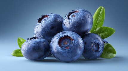Fototapeta premium and keyword list based on the imageA pile of juicy, fresh blueberries with green leaves and water droplets on a blue background