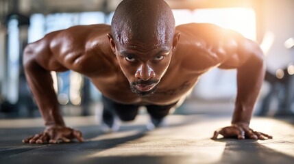 A focused athlete performing push-ups in a gym setting